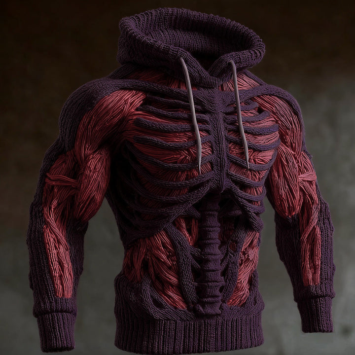 Dark purple version of the knit hoodie with ribbed skeleton design, red muscle panels and gray drawstrings.
