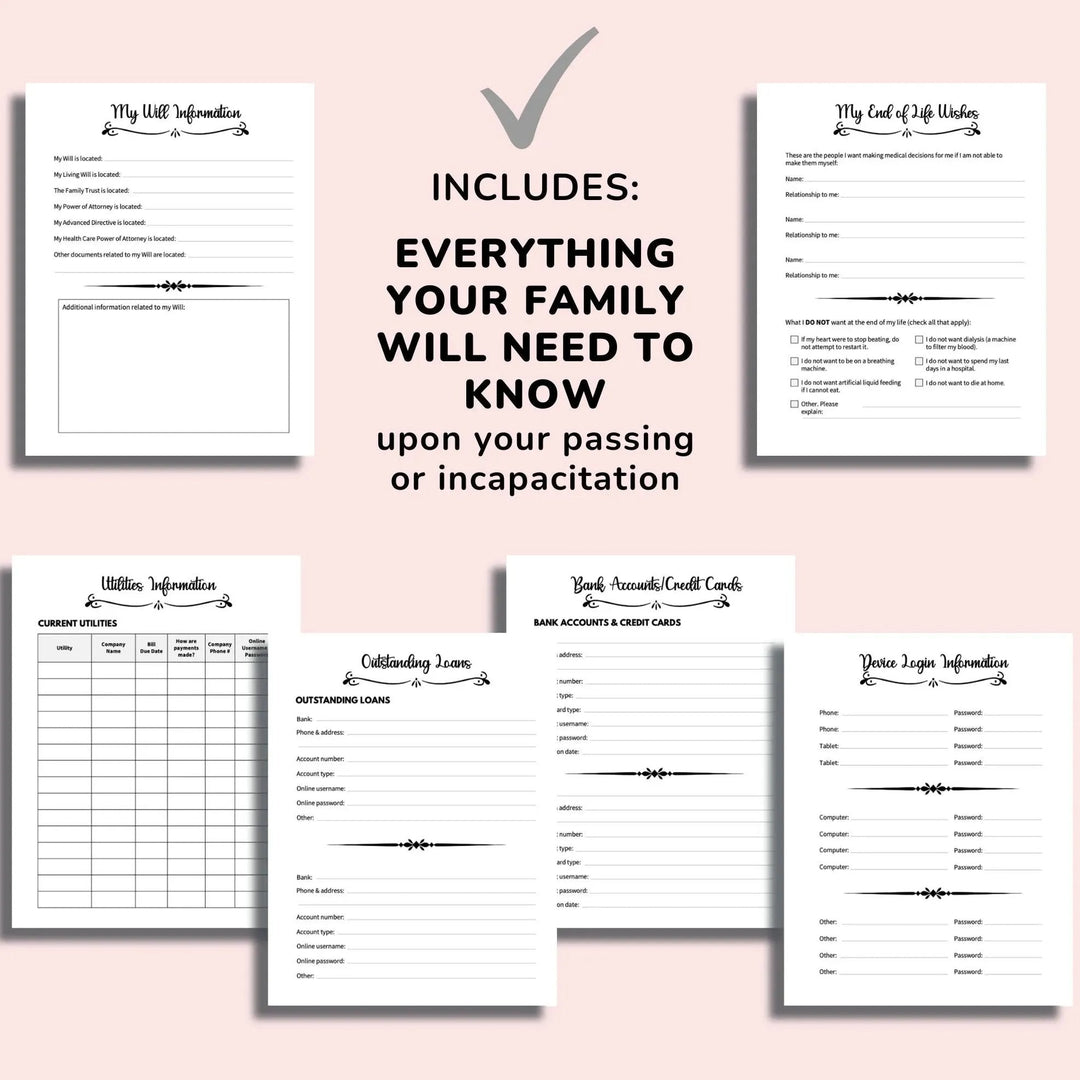 Sample interior pages including will information, end-of-life wishes, utilities, loans, bank accounts and device logins on a 6