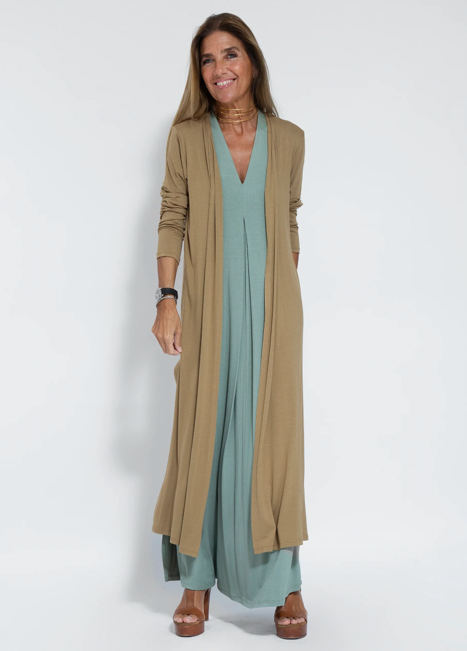 Figure-hugging dress with waistcoat – Valentina-Turquoise dress + brown vest-S-Nora Luxe
