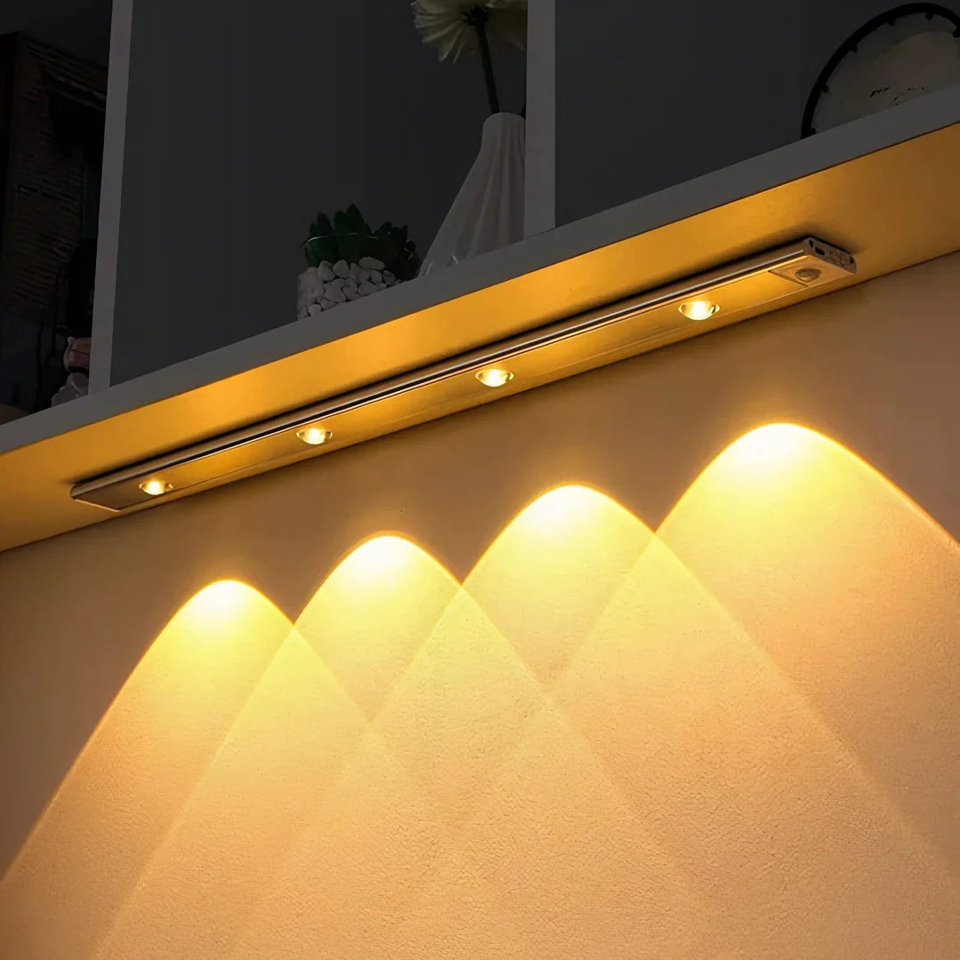 Wireless LED Closet Light with Motion Sensor detail in silver mounted under a shelf