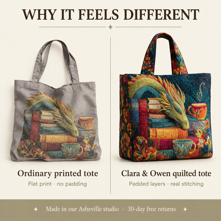 Side-by-side comparison graphic of a flat gray printed tote and the padded quilted tote with dragon design 4