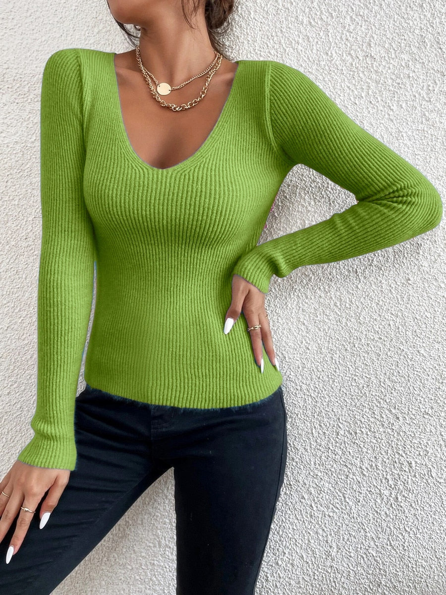 Fine knit V-neck jumper – Lenora-Green-S-Nora Luxe