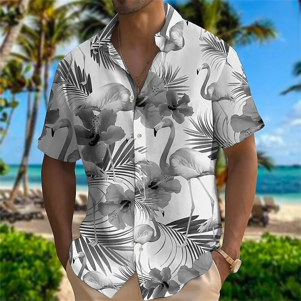 Herrenhemd mit Flamingo-Print, tropisches Design, kurzärmelig, Strandmode, schwarz-weiß.
