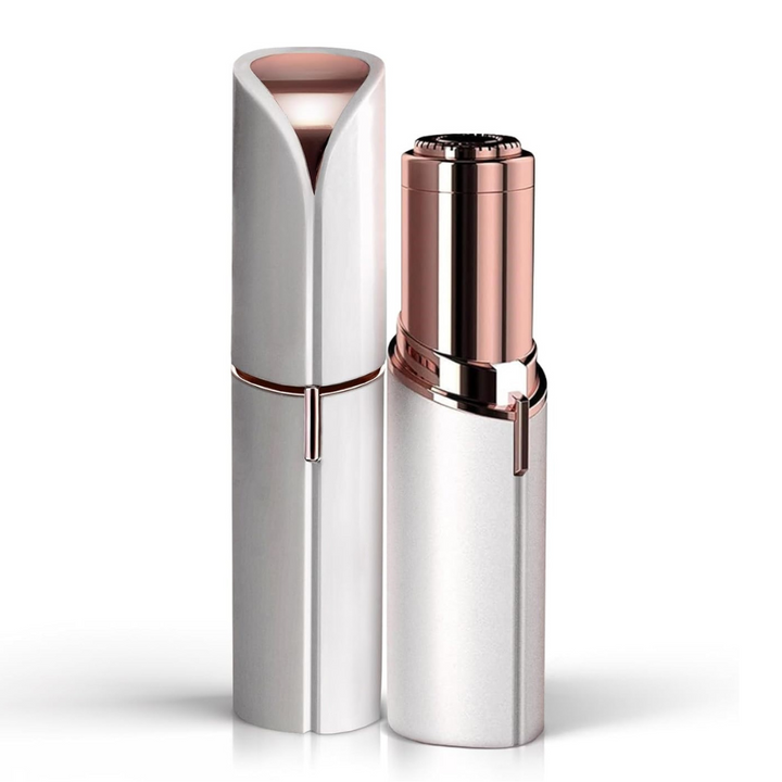 White pearl version of the hair remover with rose gold accents, one unit capped and one with the cap removed.