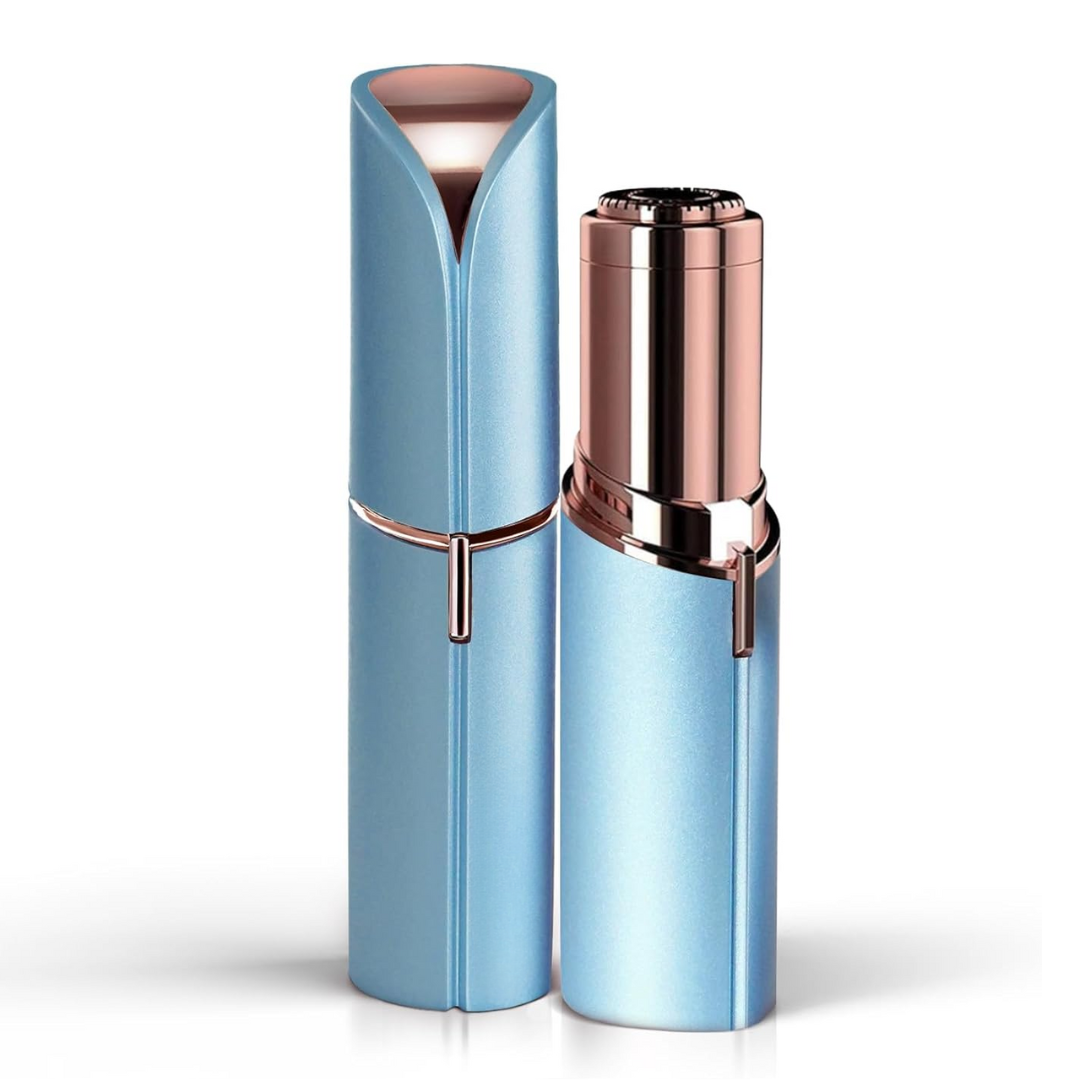 Light blue metallic version of the compact hair remover, shown capped next to the uncapped unit with its rose gold head.