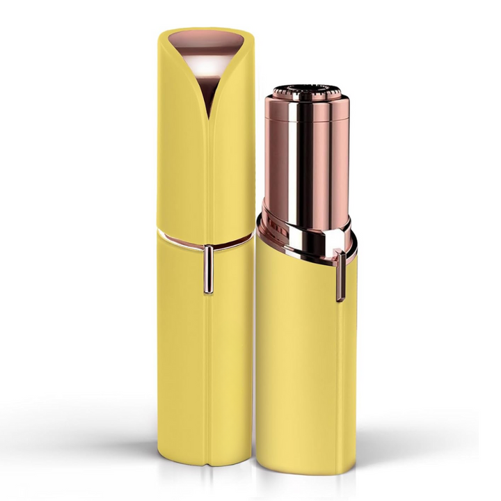 Pale yellow version of the compact hair remover, shown capped beside the uncapped unit with its rose gold head.