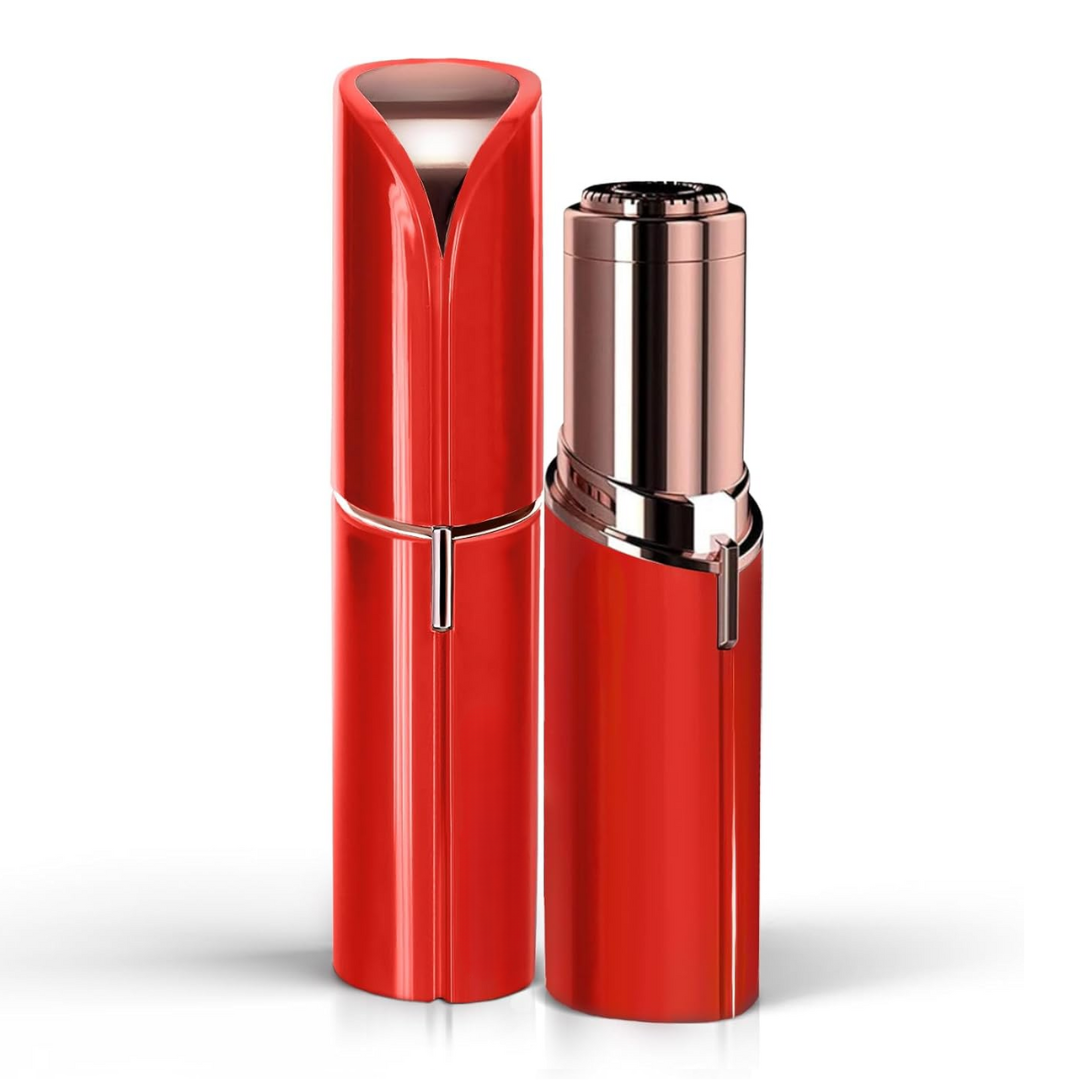 Glossy red version of the hair remover, capped on the left and uncapped on the right with its rose gold head.