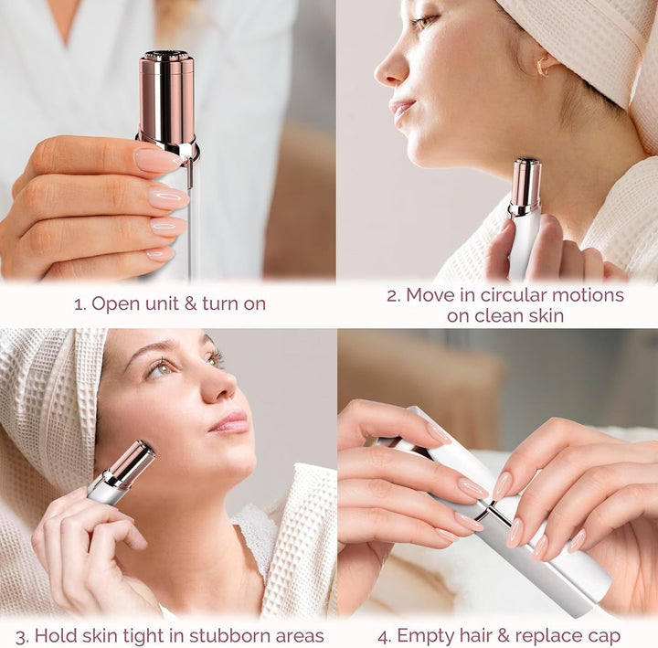 Four-step collage of a woman in a bathrobe and towel wrap using the white device on her face and neck, then emptying it.
