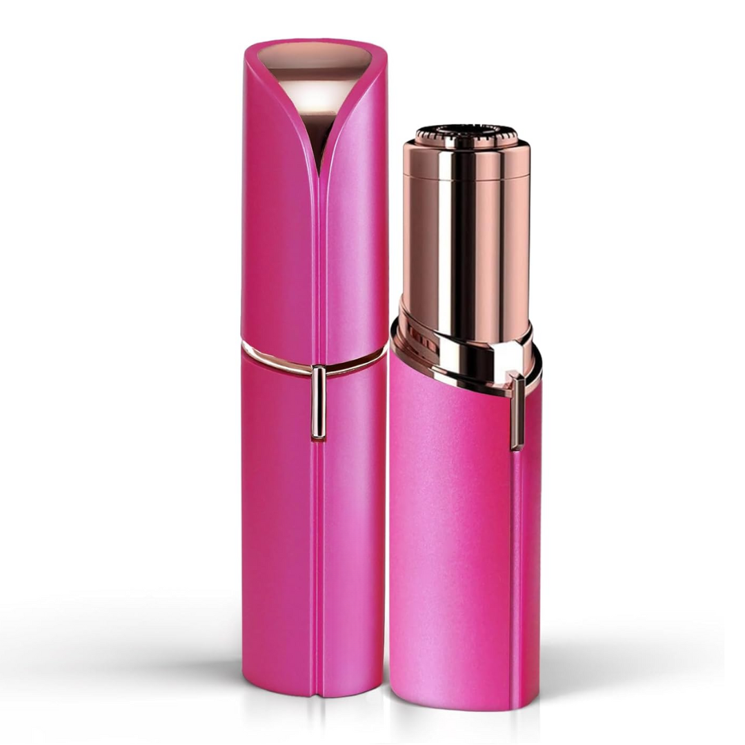 Bright magenta pink version of the hair remover, with the cap on one unit and the shaving head exposed on the other.