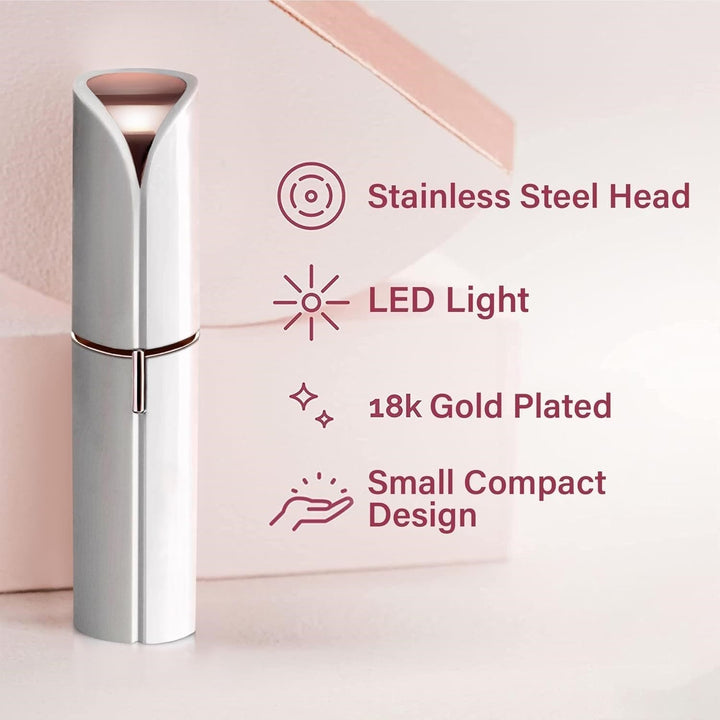 White hair remover standing against a soft pink backdrop, beside four feature icons covering the head, light, plating and compact size.