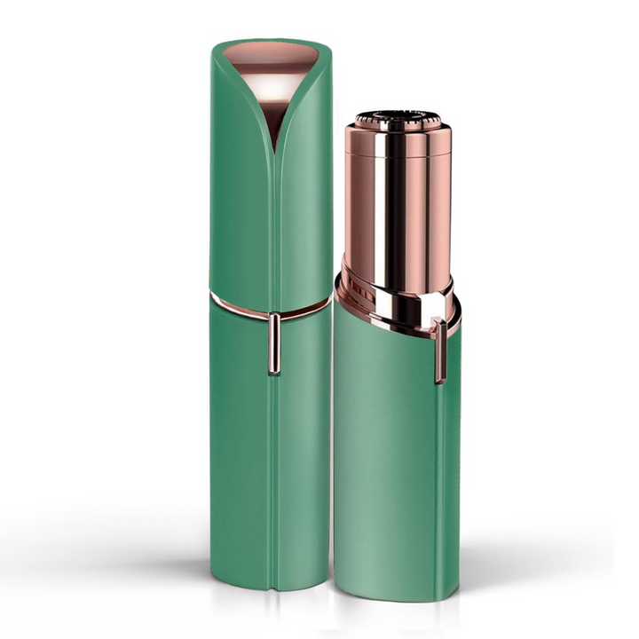 Sage green version of the hair remover, one unit capped and one uncapped to show the rose gold shaving head.