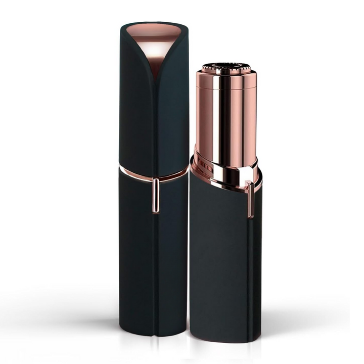 Matte black version of the hair remover with rose gold trim, shown capped and uncapped side by side.