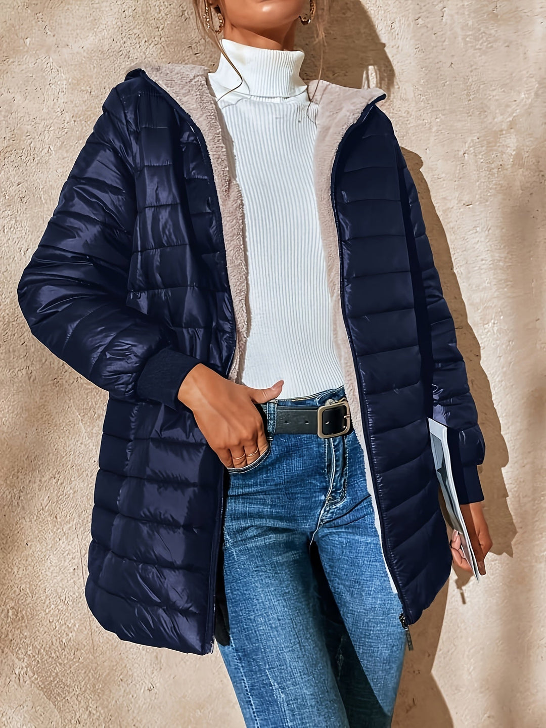 Fleece Lined Women's Jacket with Zip - Eliza-Dark Blue-XS-Nora Luxe