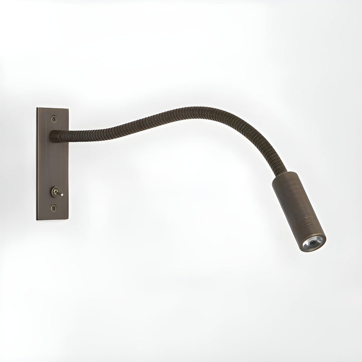 Bronze finish gooseneck wall light with toggle switch on its wall plate against a light plain background.