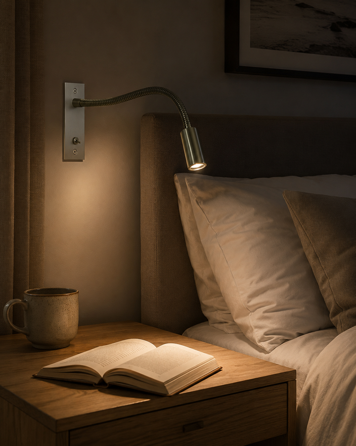 Brushed nickel gooseneck wall light lit above a bed, casting warm light on an open book and mug on the nightstand.