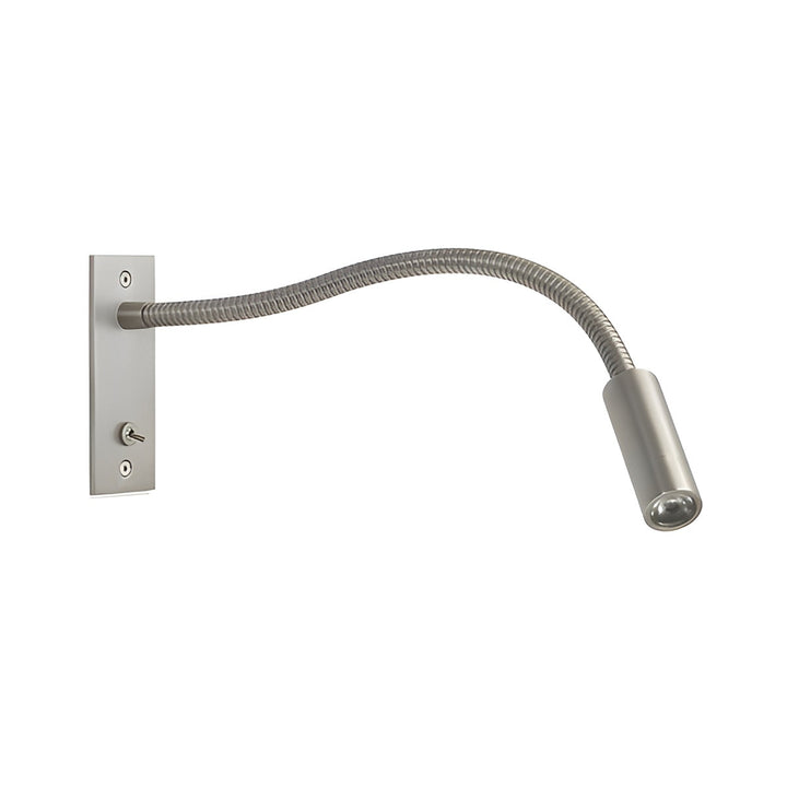 Brushed nickel gooseneck wall light with toggle switch and arm curving to the right on a white background.