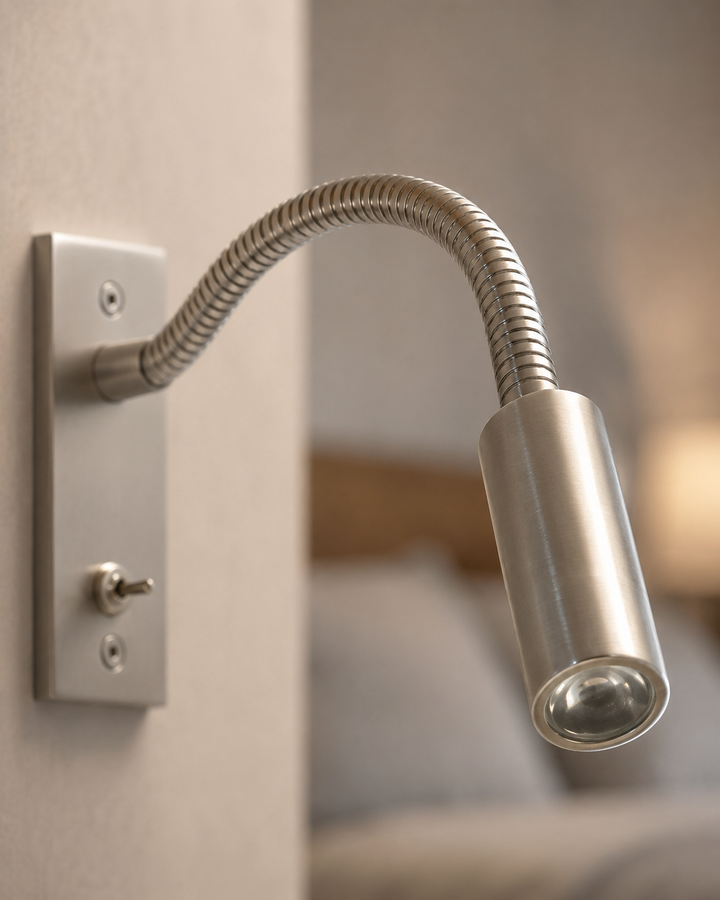 Detail of the brushed nickel gooseneck wall light with the coiled flexible arm, toggle switch and wall plate screws.