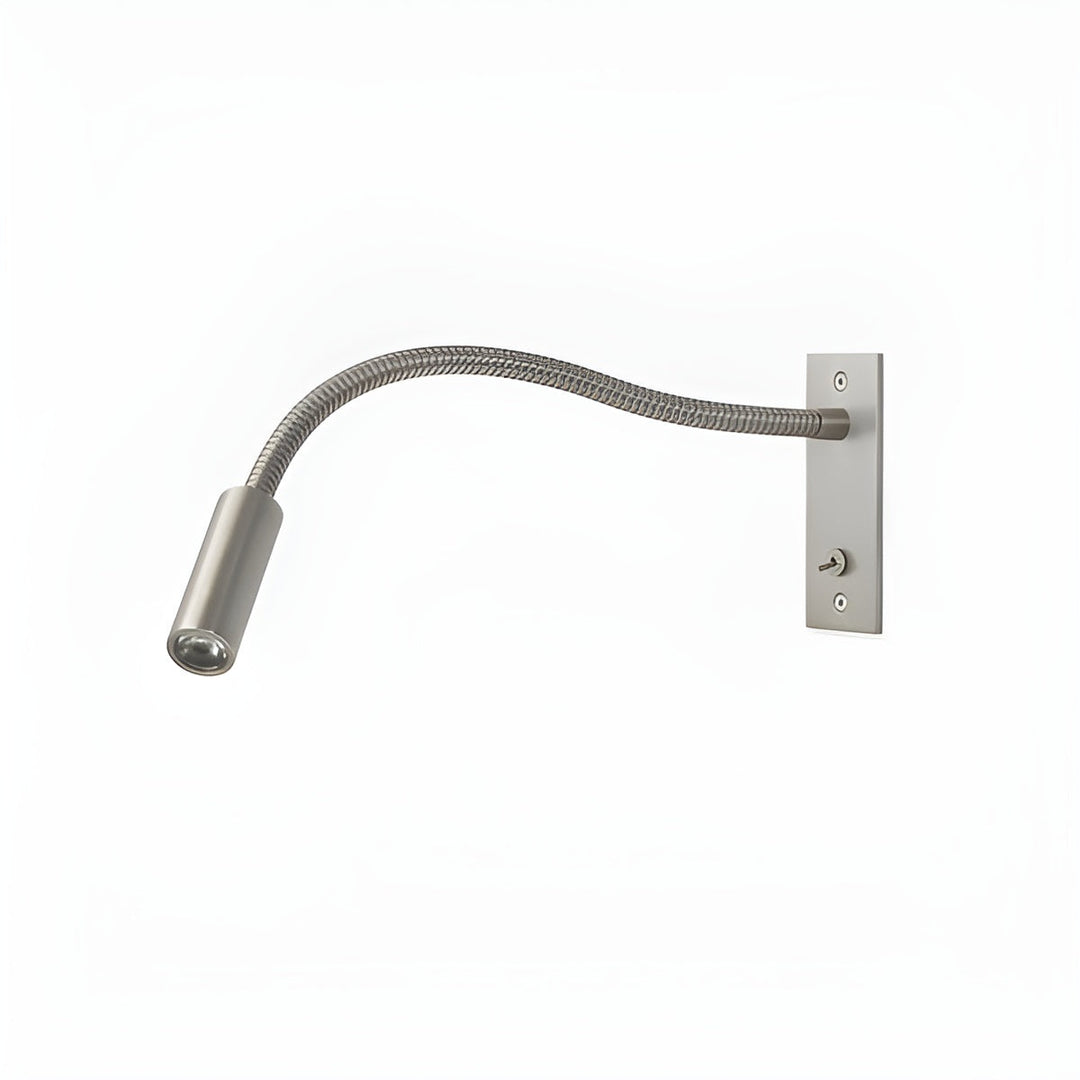 Brushed nickel gooseneck wall light mirrored so the plate is on the right and the lamp head points left on white.