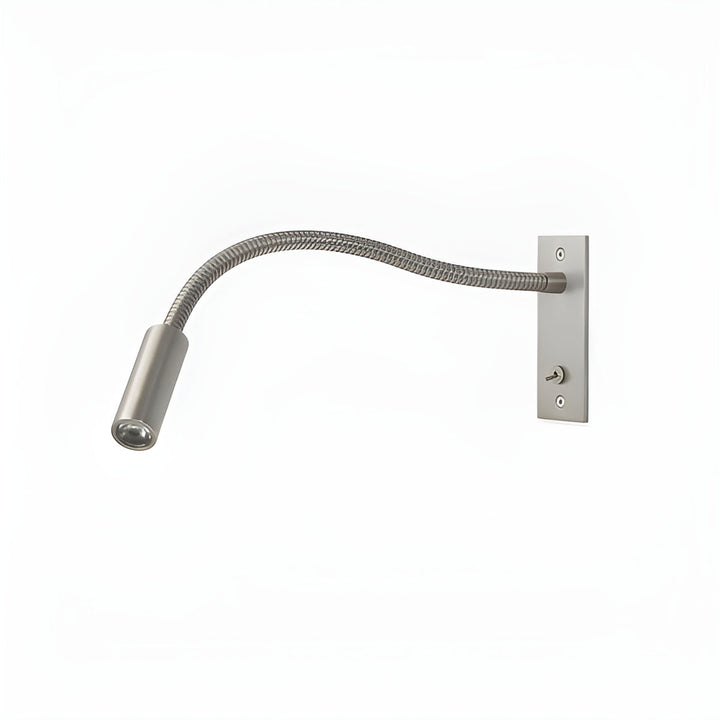 Brushed nickel gooseneck wall light mirrored so the plate is on the right and the lamp head points left on white.