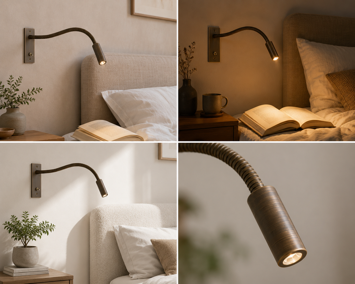 Another view of the bronze-toned gooseneck wall light in bedroom settings and a close-up of the lamp head.