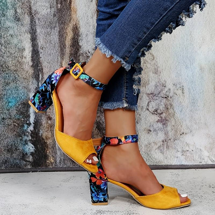 Floral High Heels with Ankle Straps - Marcella-Black-3-Nora Luxe