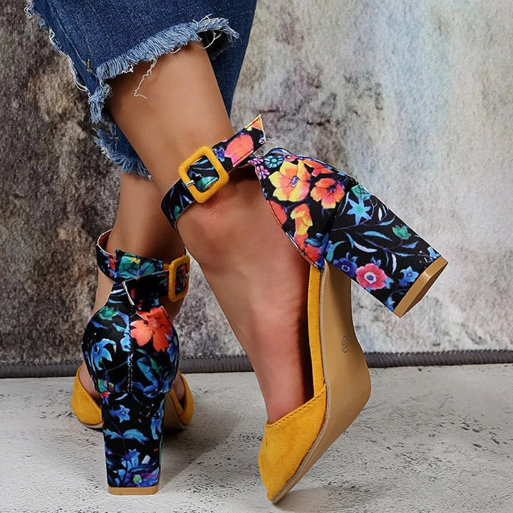 Floral High Heels with Ankle Straps - Marcella-Black-3-Nora Luxe