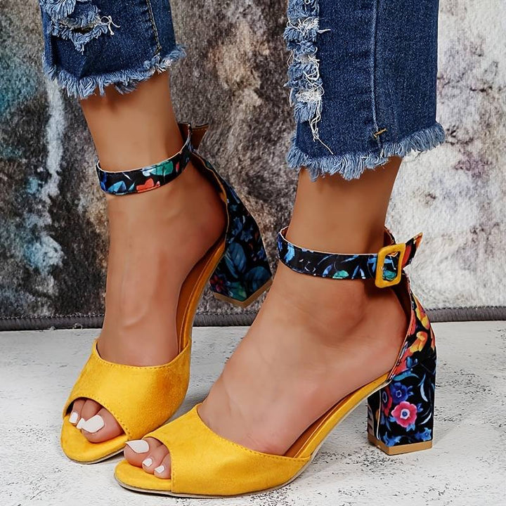 Floral High Heels with Ankle Straps - Marcella-Yellow-3-Nora Luxe