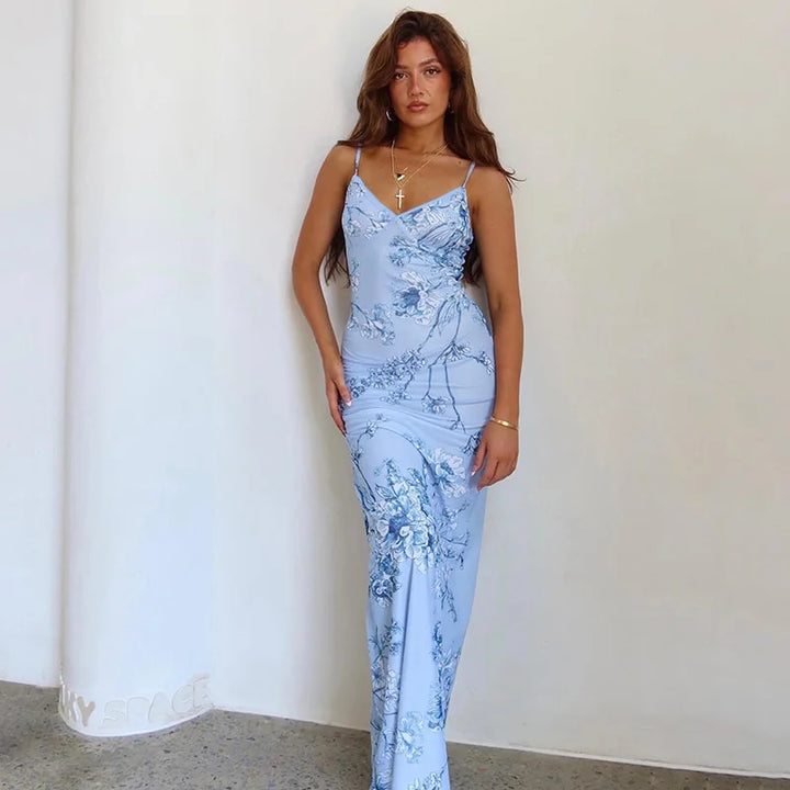 Floral summer maxi dress with V-neck and spaghetti straps - Alina-Blue-S-The Livary
