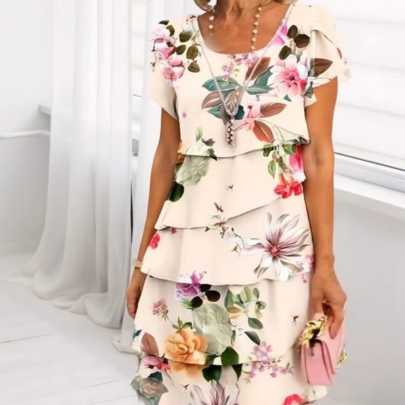 Floral waterfall summer dress with adjustable straps – Leona-Beige-S-Nora Luxe