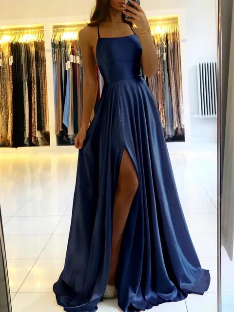 Flowing maxi dress with side slit - Sophie-Dark blue-S-Nora Luxe