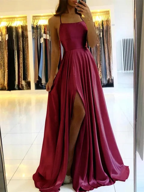 Flowing maxi dress with side slit - Sophie-Wine red-S-Nora Luxe