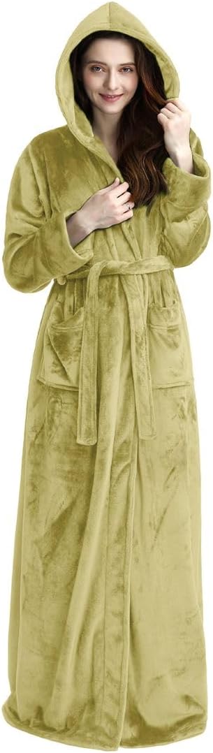 Fluffy Fleece Bathrobe with Hood - CozyFluff-Olive Green-M-Nora Luxe