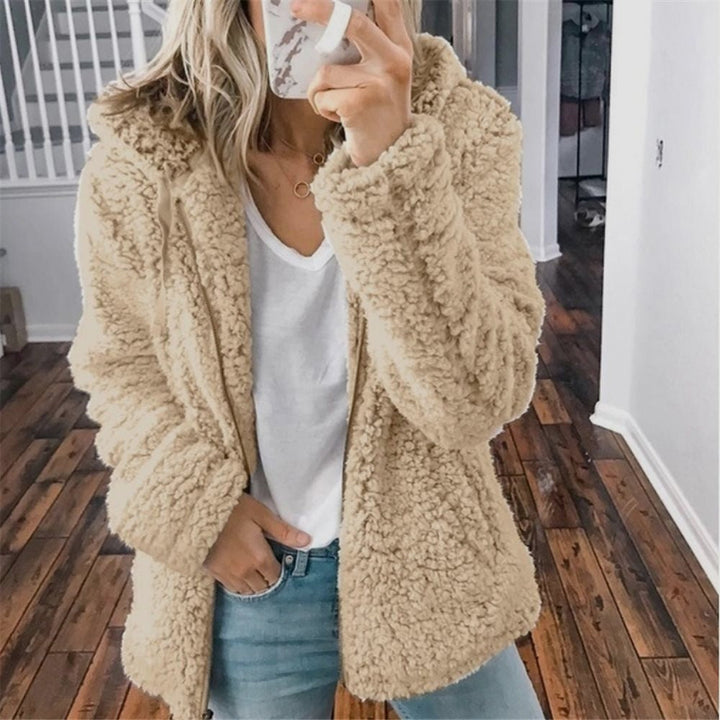 Fluffy Ladies' Jacket with Hood - Sofia-Beige-S-Nora Luxe