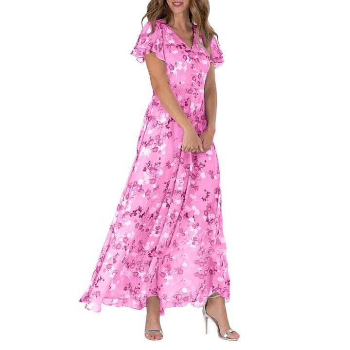 Flutter Sleeve Maxi Dress with Floral Print - Miranda-Pink-S-Nora Luxe