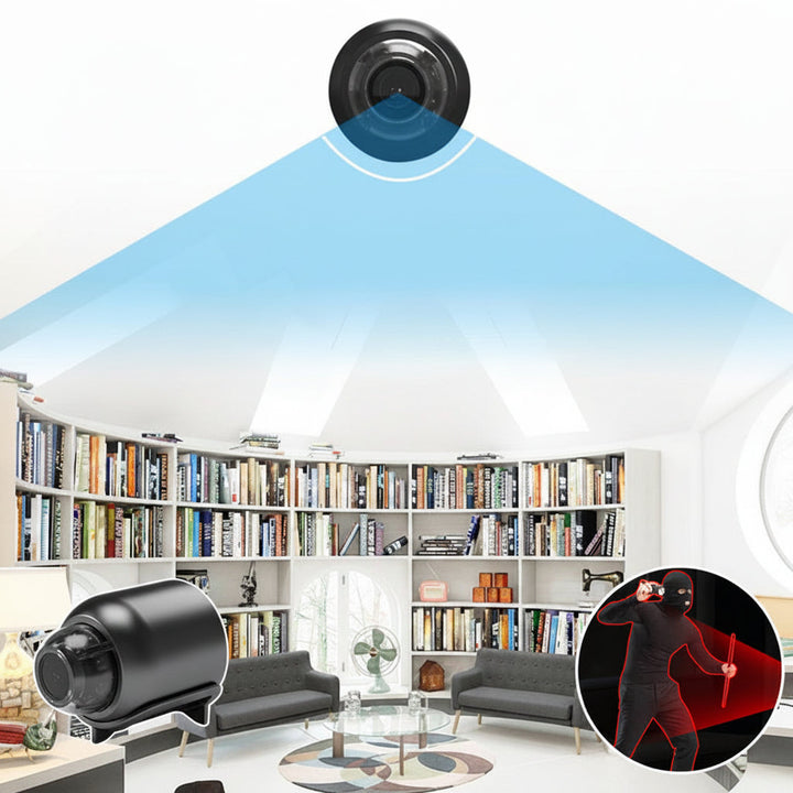 Mini WiFi Security Camera 1080p mounted high in a library room with a wide viewing angle