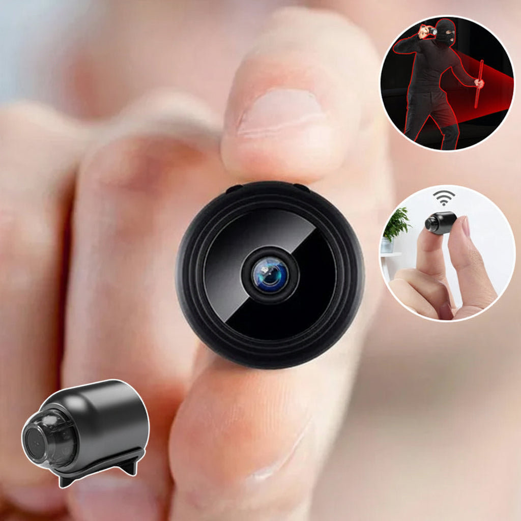 Mini WiFi Security Camera 1080p close-up of the black lens held between two fingers