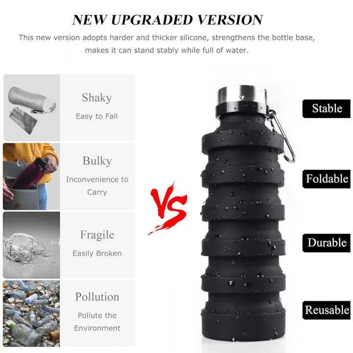 Foldable Shockproof Water Bottle-Black 500 ml-Nora Luxe