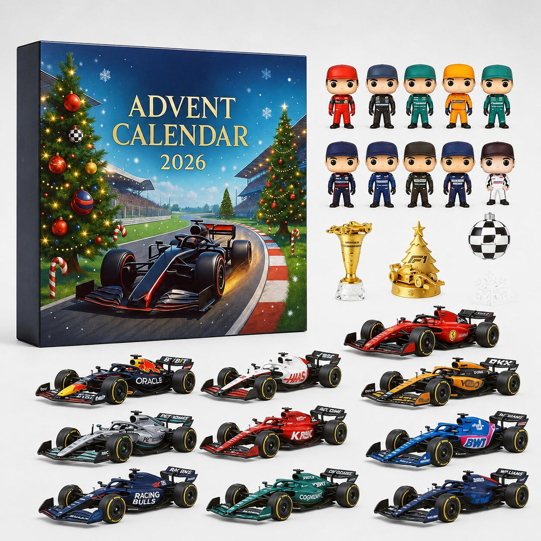 Race car advent calendar box with toy race cars, driver figurines and a gold trophy in a Christmas scene.