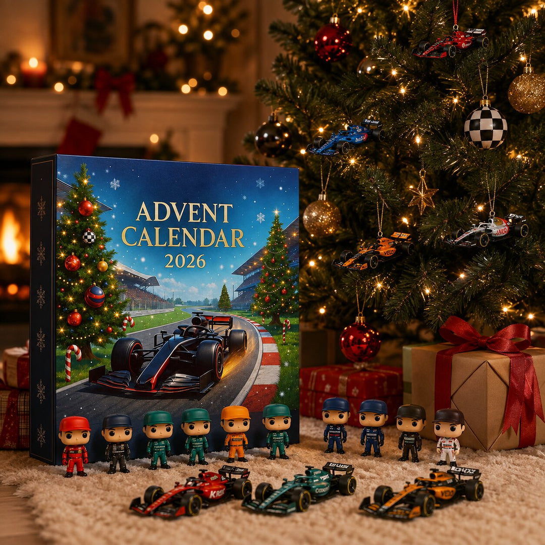 Race car advent calendar box with driver figurines and toy race cars in front of a decorated fireplace and tree.