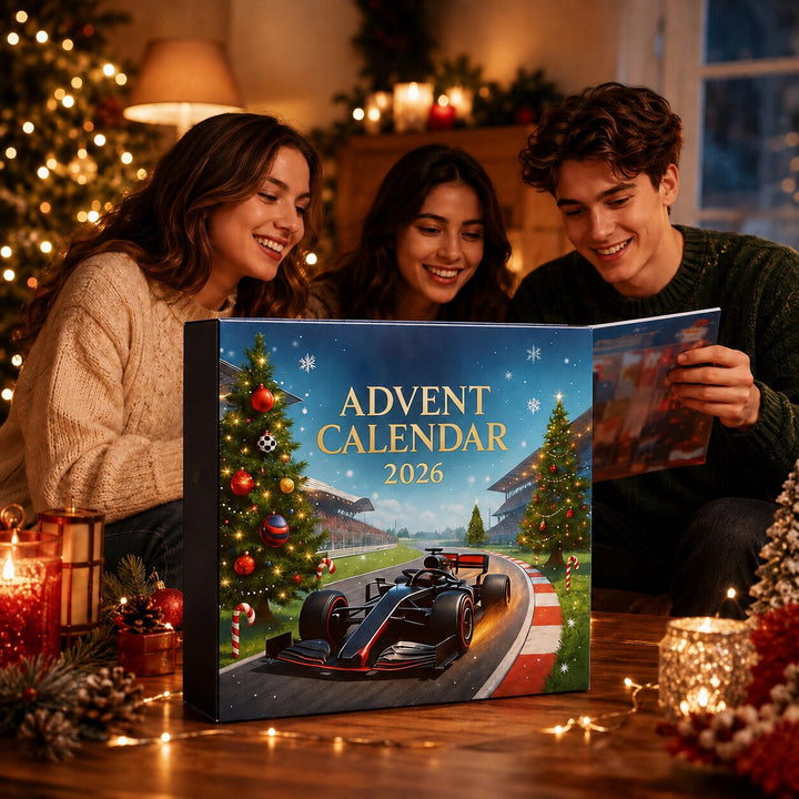 Race car advent calendar box being opened by three smiling friends in a cozy living room.