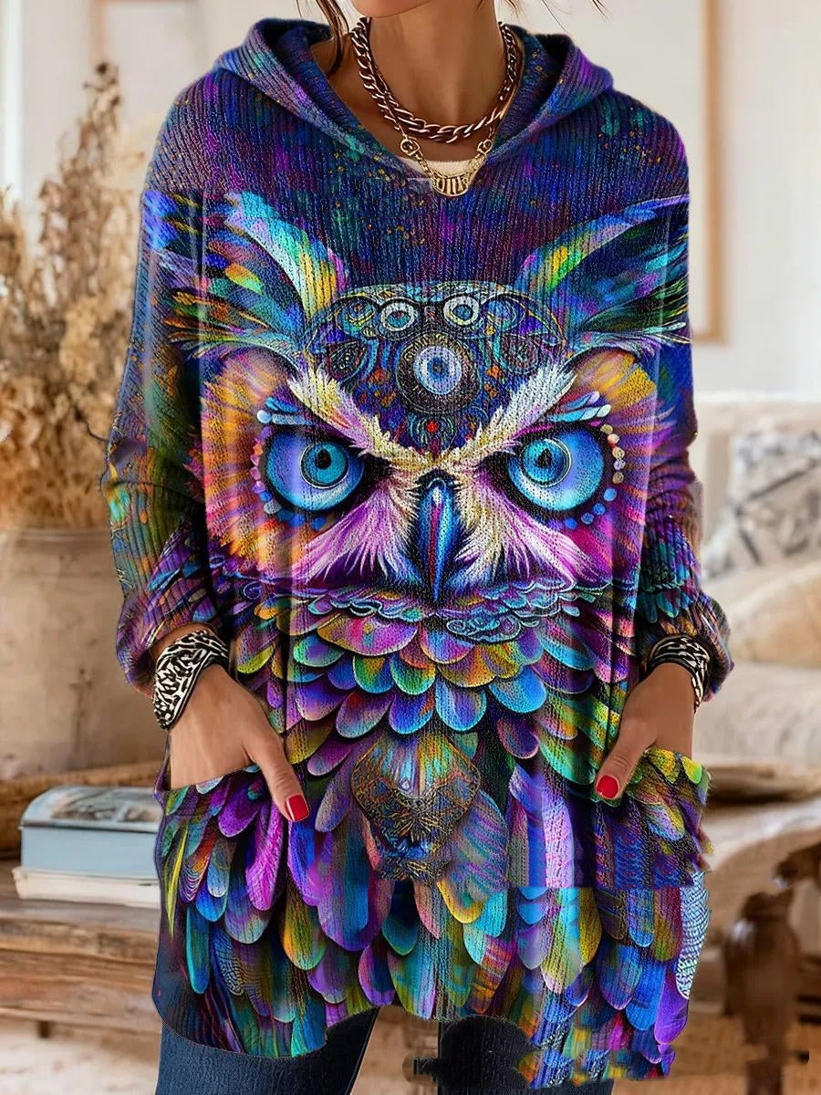 Model wearing the hooded tunic printed with a colorful owl face in blue, purple and orange, long sleeves and front pockets. 3