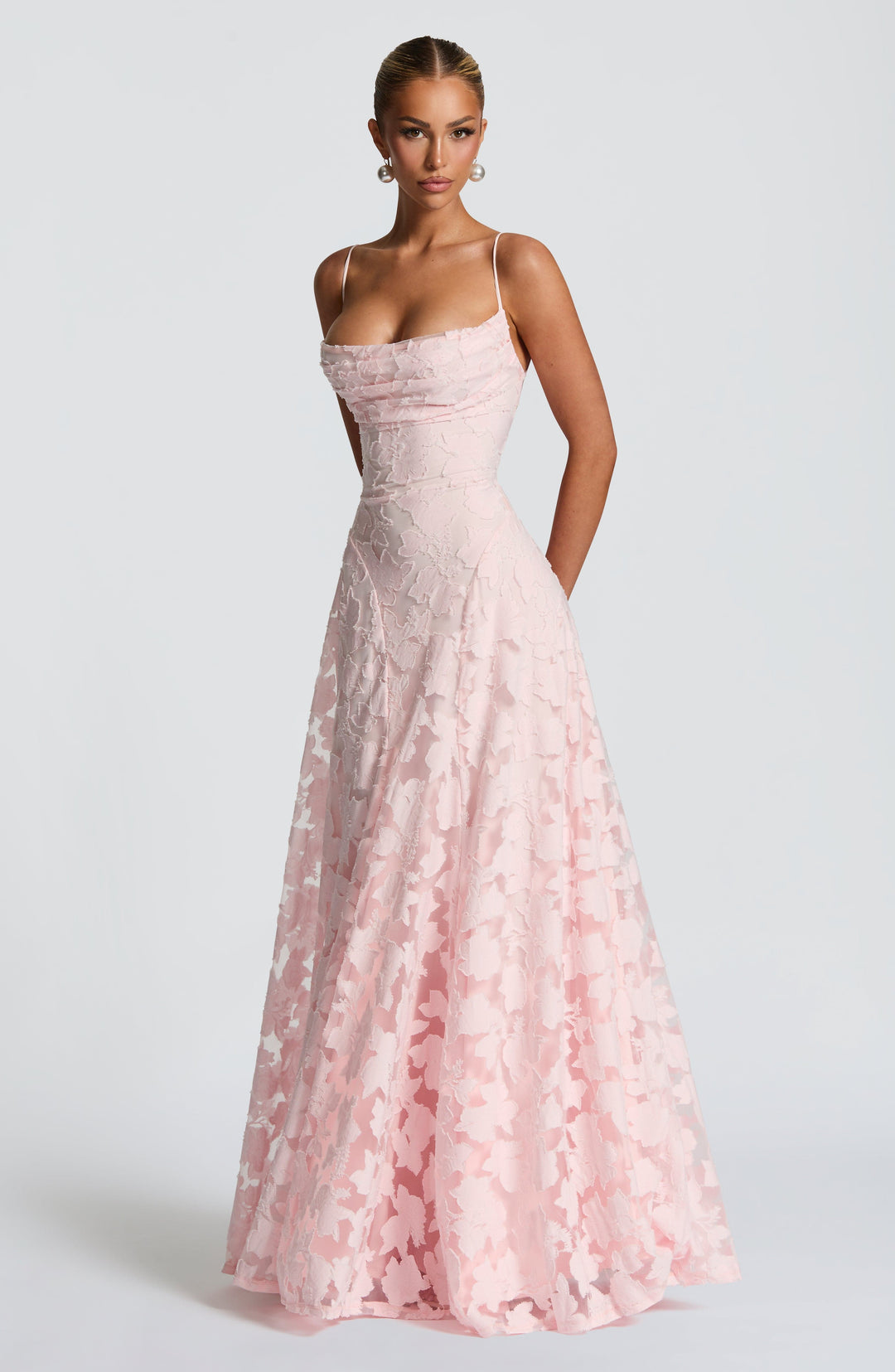 Elise Gingham Dress in pink with a draped neckline and full skirt, three-quarter front view.