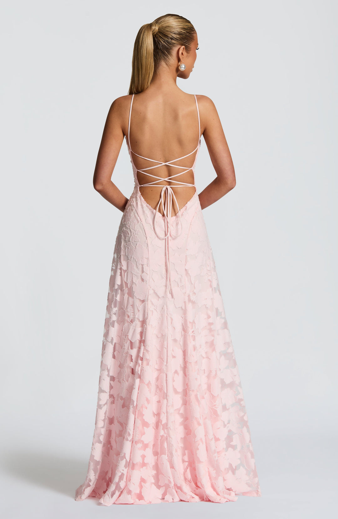 Elise Gingham Dress in pink with an open back and crisscross lace-up ties, back view.