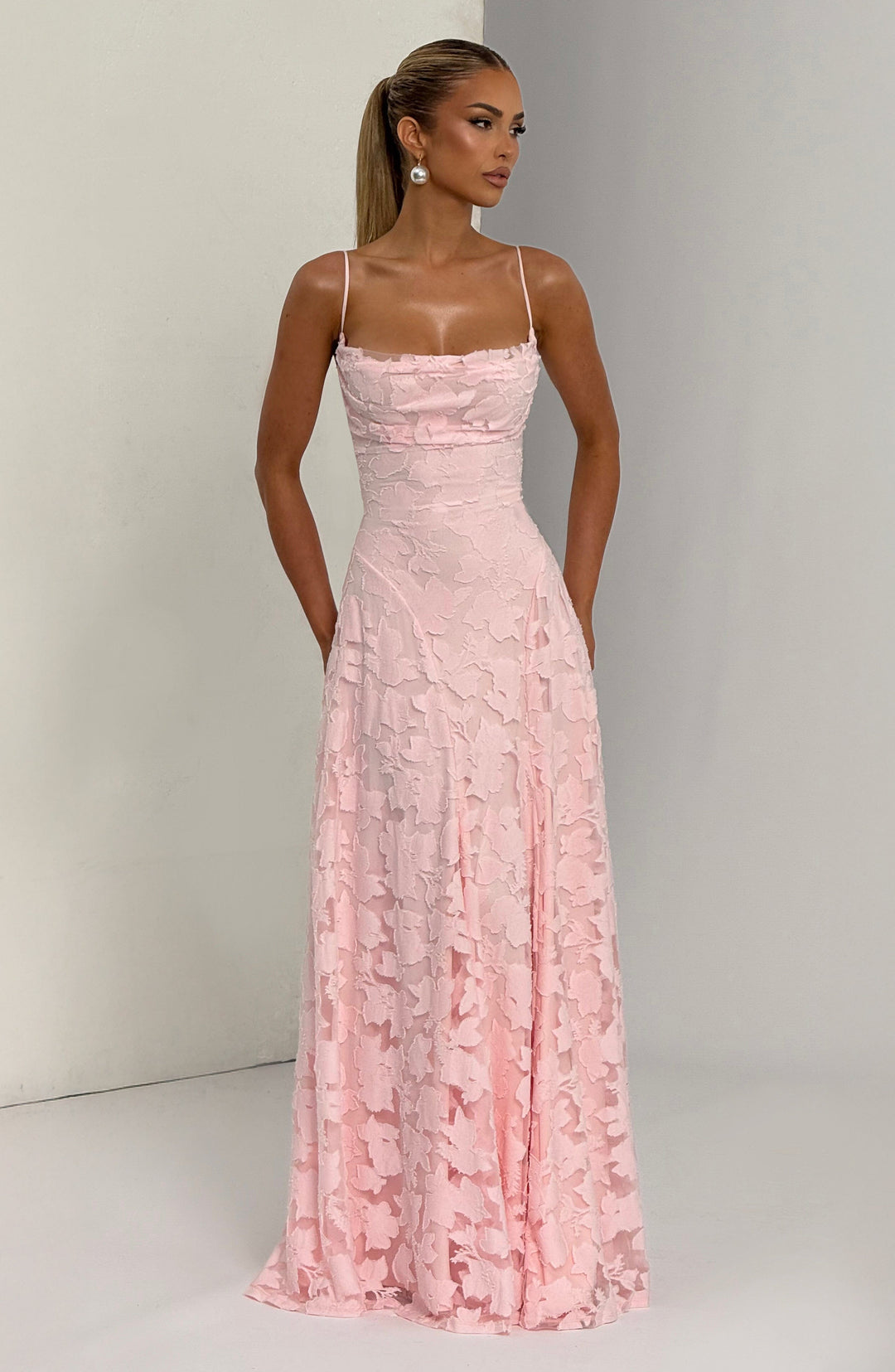 Elise Gingham Dress in pink with thin straps and a cowl neckline, full-length front view.