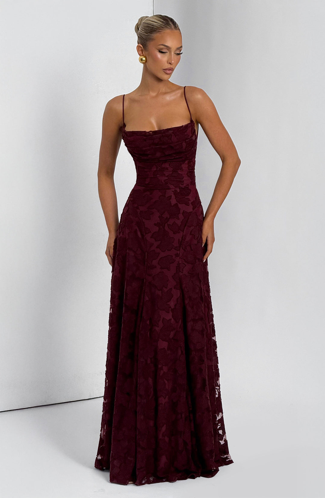 Elise Gingham Dress in deep burgundy with thin straps and a cowl neckline, front view.