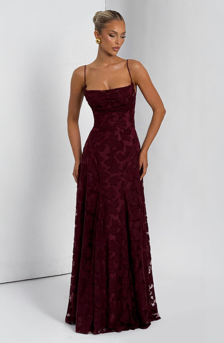 Elise Gingham Dress in deep burgundy with thin straps and a cowl neckline, front view.