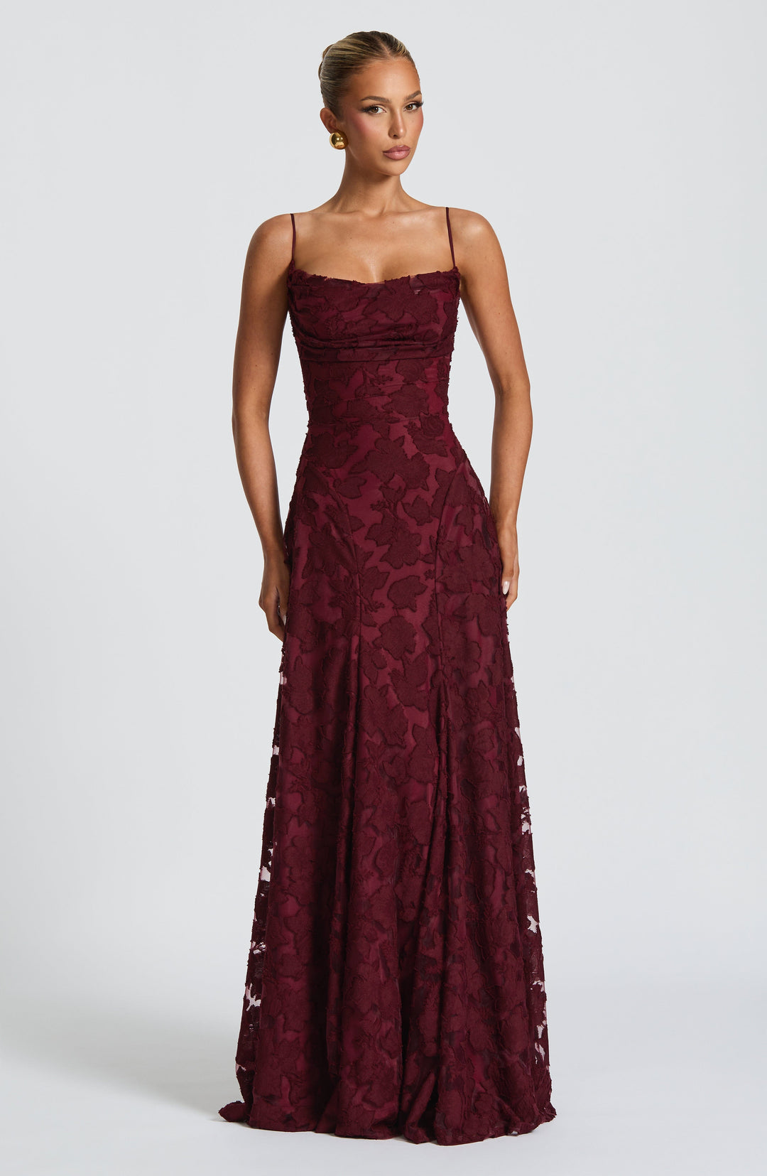 Elise Gingham Dress in burgundy with a draped neckline, fitted bodice and long skirt, front view.