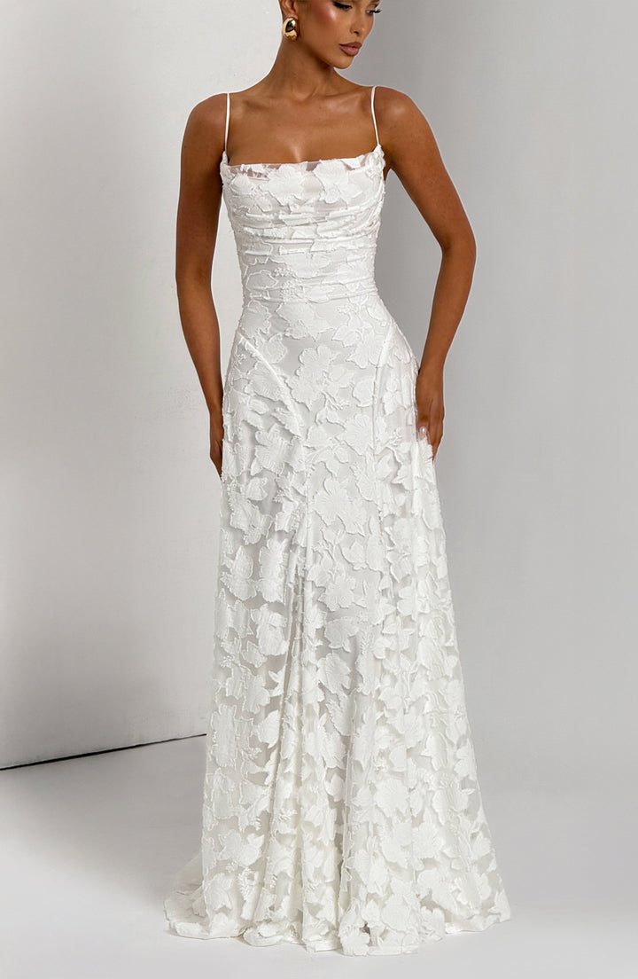 Elise Gingham Dress in white with a fitted waist and sheer-textured skirt, front view.