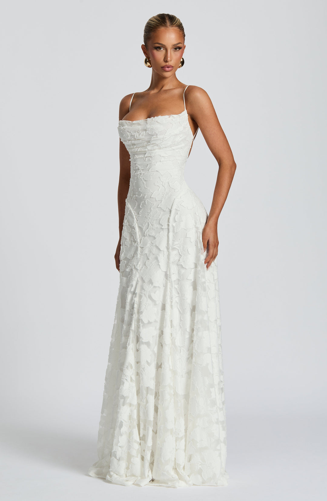 Elise Gingham Dress in white with a fitted bodice and long flowing skirt, angled front view.