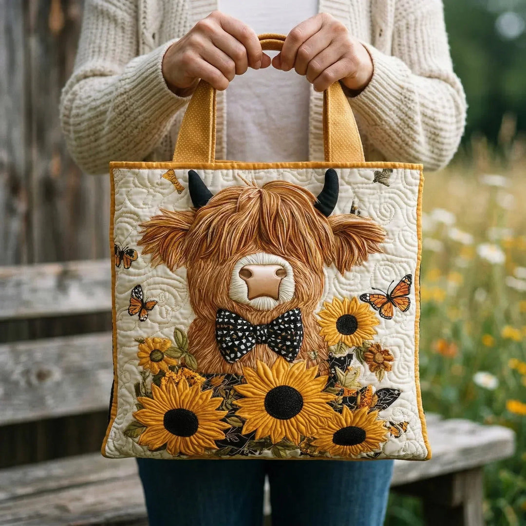 Person in a cream knit cardigan holding the quilted Highland cow tote bag by its mustard handles in a sunny meadow.